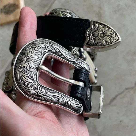 Concho Real leather Western Style Black Cream Belt Silver faux bone festival - Picture 4 of 16
